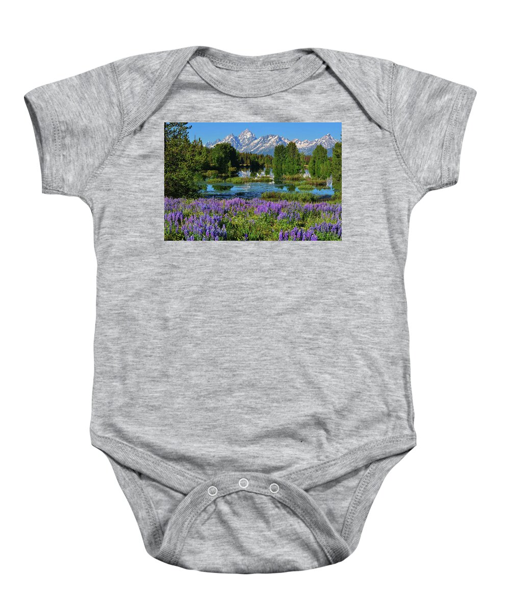 Grand Teton National Park Baby Onesie featuring the photograph Tetons and Lupines by Greg Norrell