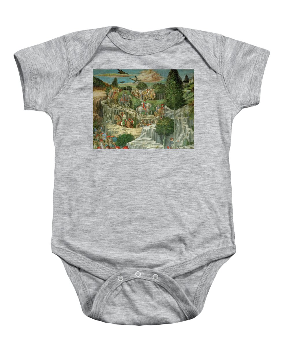 Benozzo Gozzoli Baby Onesie featuring the painting The Adoration of the Magi The cortege of Lorenzo il Magnifico winding through the landscape, 1459. by Benozzo Gozzoli -1420-1497-