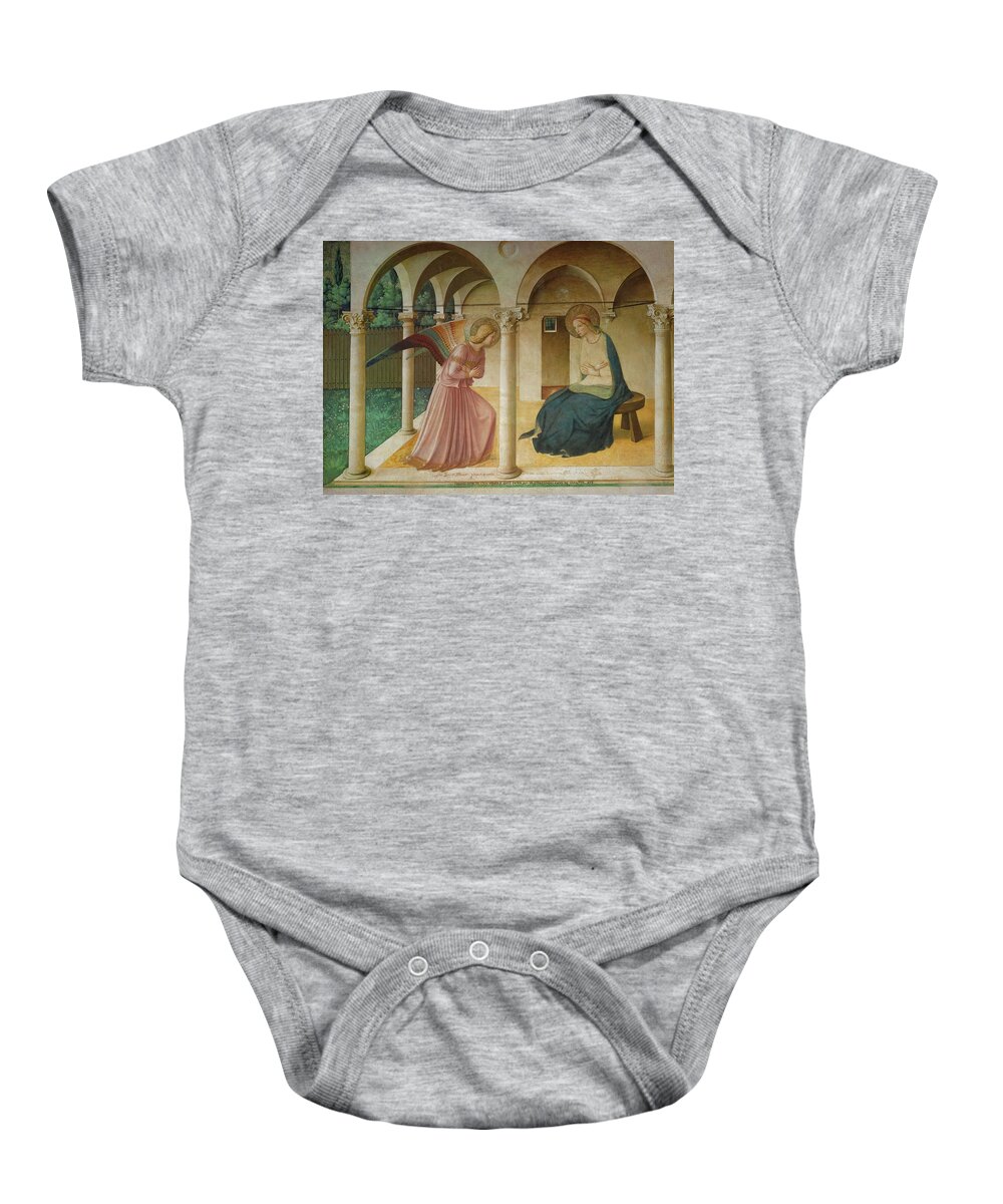 Archangel Gabriel Baby Onesie featuring the painting The Annunciation. Fresco in the former dormitory of the Dominican monastery San Marco, Florence. by Fra Angelico -c 1395-1455-