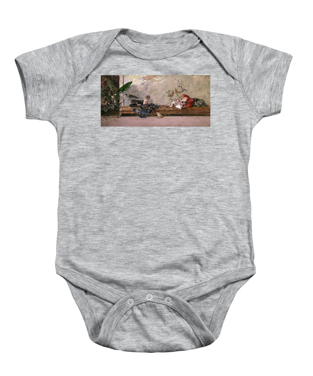 Fortuny Madrazo Maria Luisa Baby Onesie featuring the painting The Artist's Children, Maria Luisa and Mariano, at the Salon Japones', 1874, Oil on canvas. by Mariano Fortuny y Marsal -1838-1874-
