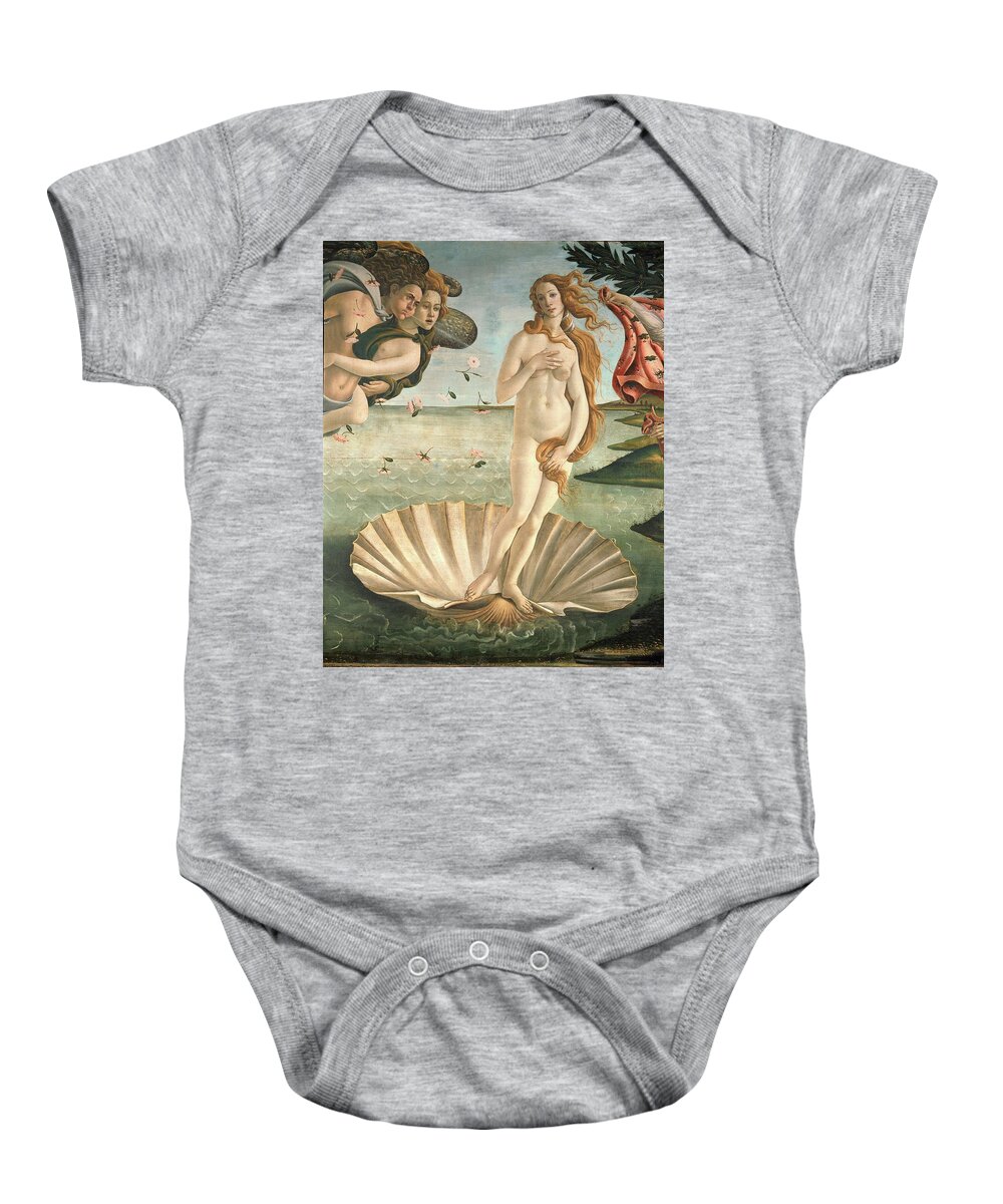 Aphrodite Baby Onesie featuring the painting The Birth of Venus, 1478. Detail of the Birth of Venus in scallop shell. SANDRO BOTTICELLI . CLORIS. by Sandro Botticelli -1445-1510-