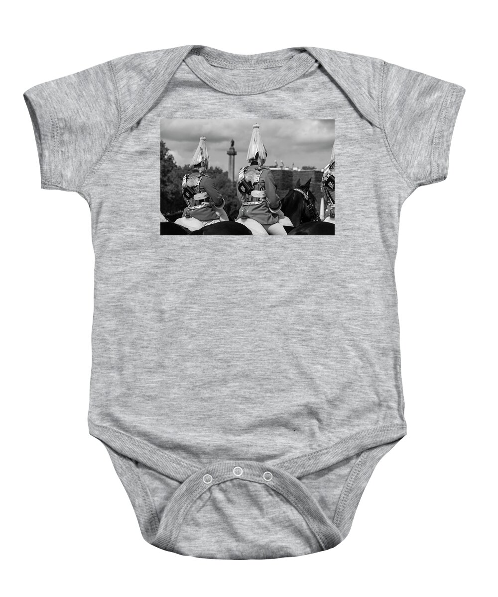 London Baby Onesie featuring the photograph The Changing of the Horse Guard London UK United Kingdom Black and White by Toby McGuire