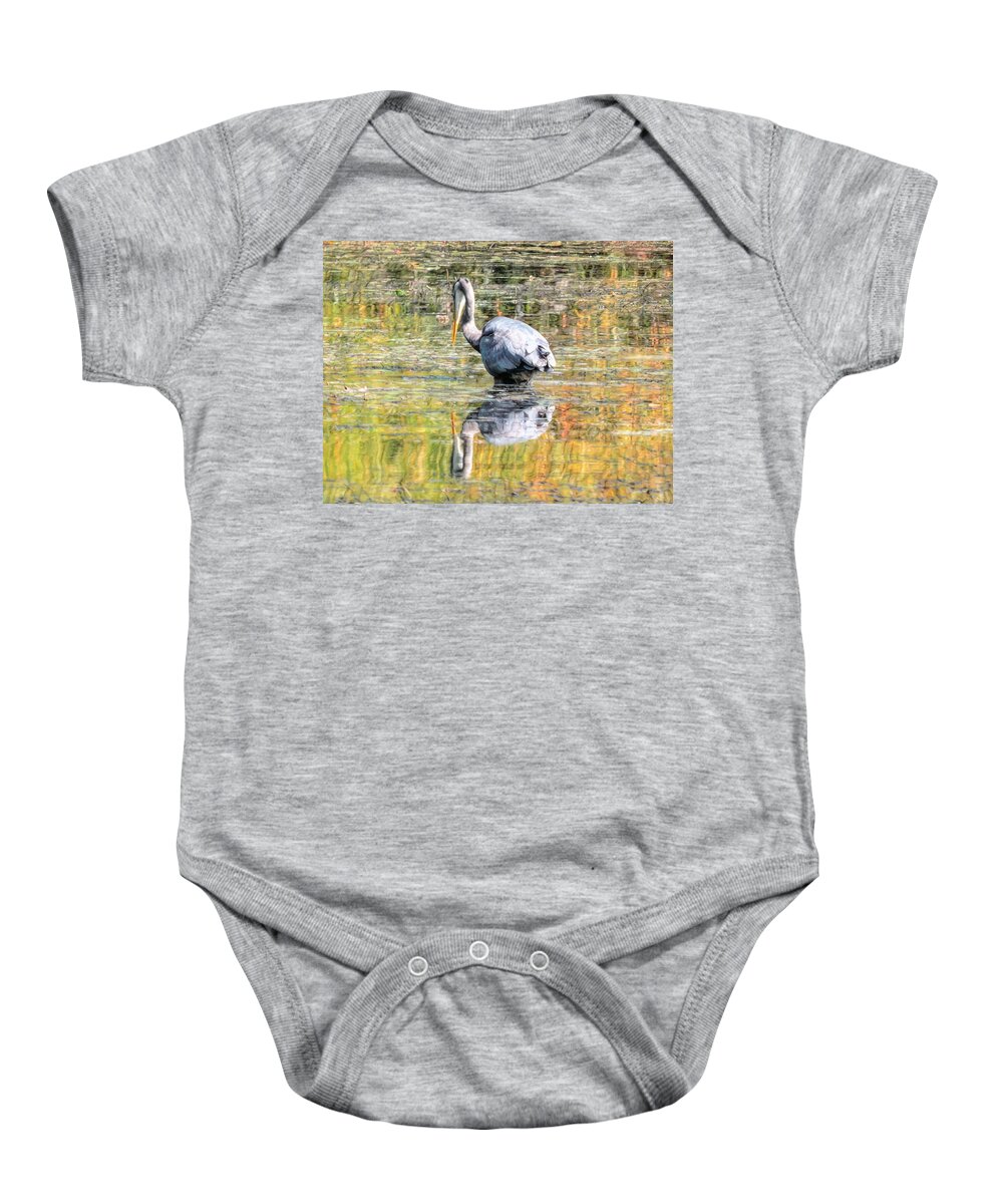 Reflection Baby Onesie featuring the digital art The Heron's Reflection by Susan Hope Finley