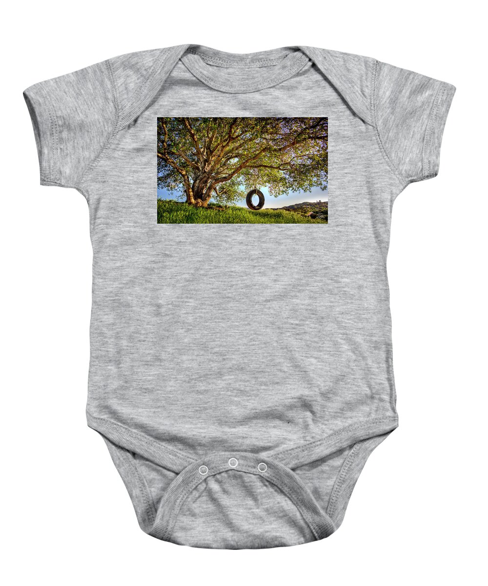 Oak Tree Baby Onesie featuring the photograph The Old Tire Swing by Endre Balogh