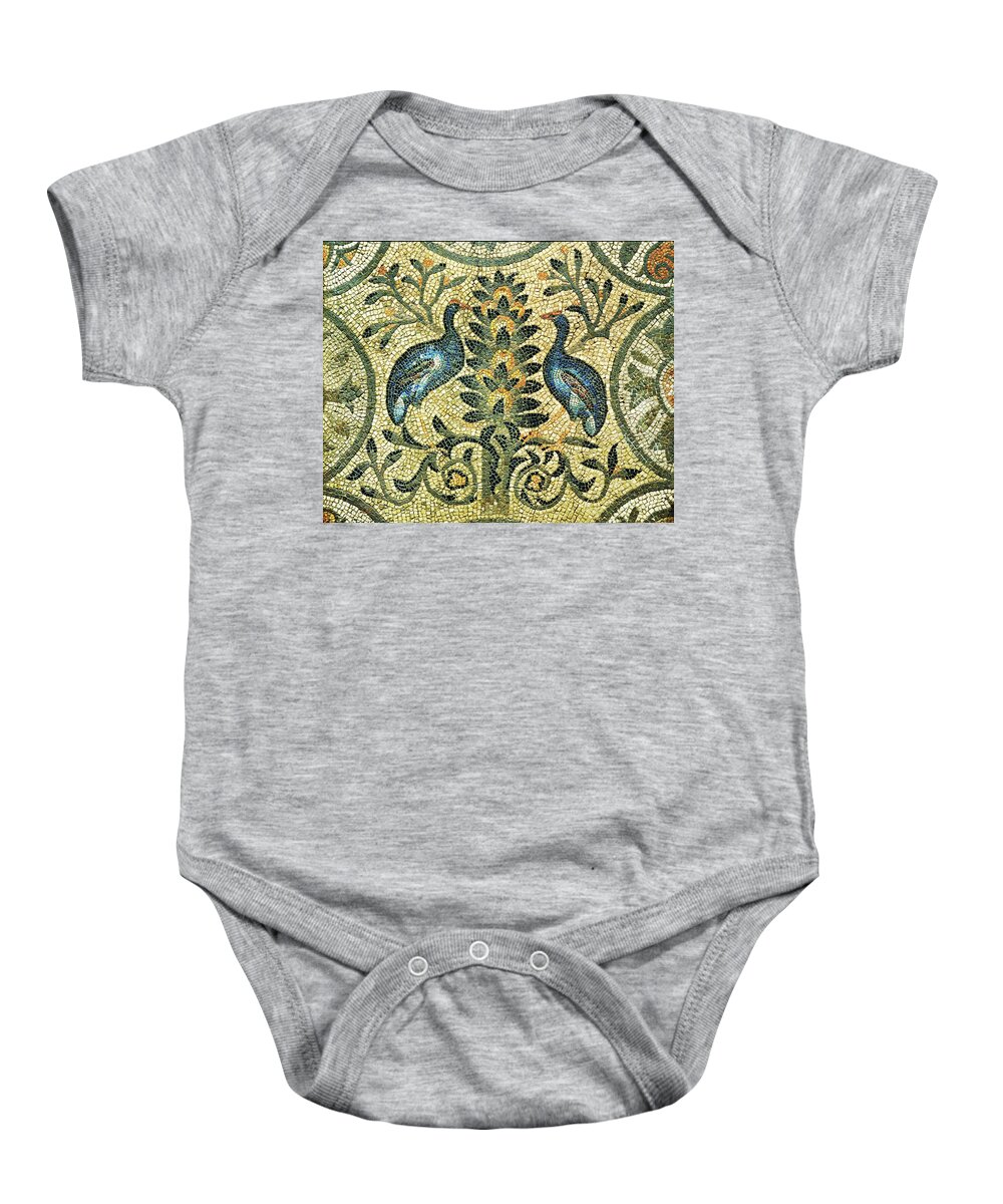 Animal Baby Onesie featuring the painting The tree of Life allegory with birds perched on branches mosaic pavement from Basilica Aquileia 4... by Album