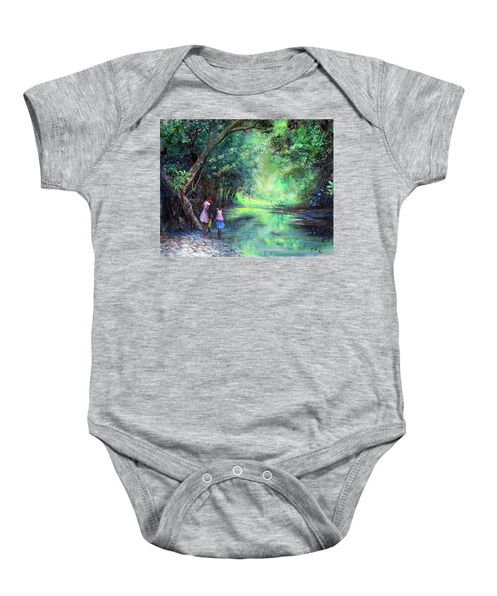 Caribbean Art Baby Onesie featuring the painting Three Children by the River by Jonathan Gladding