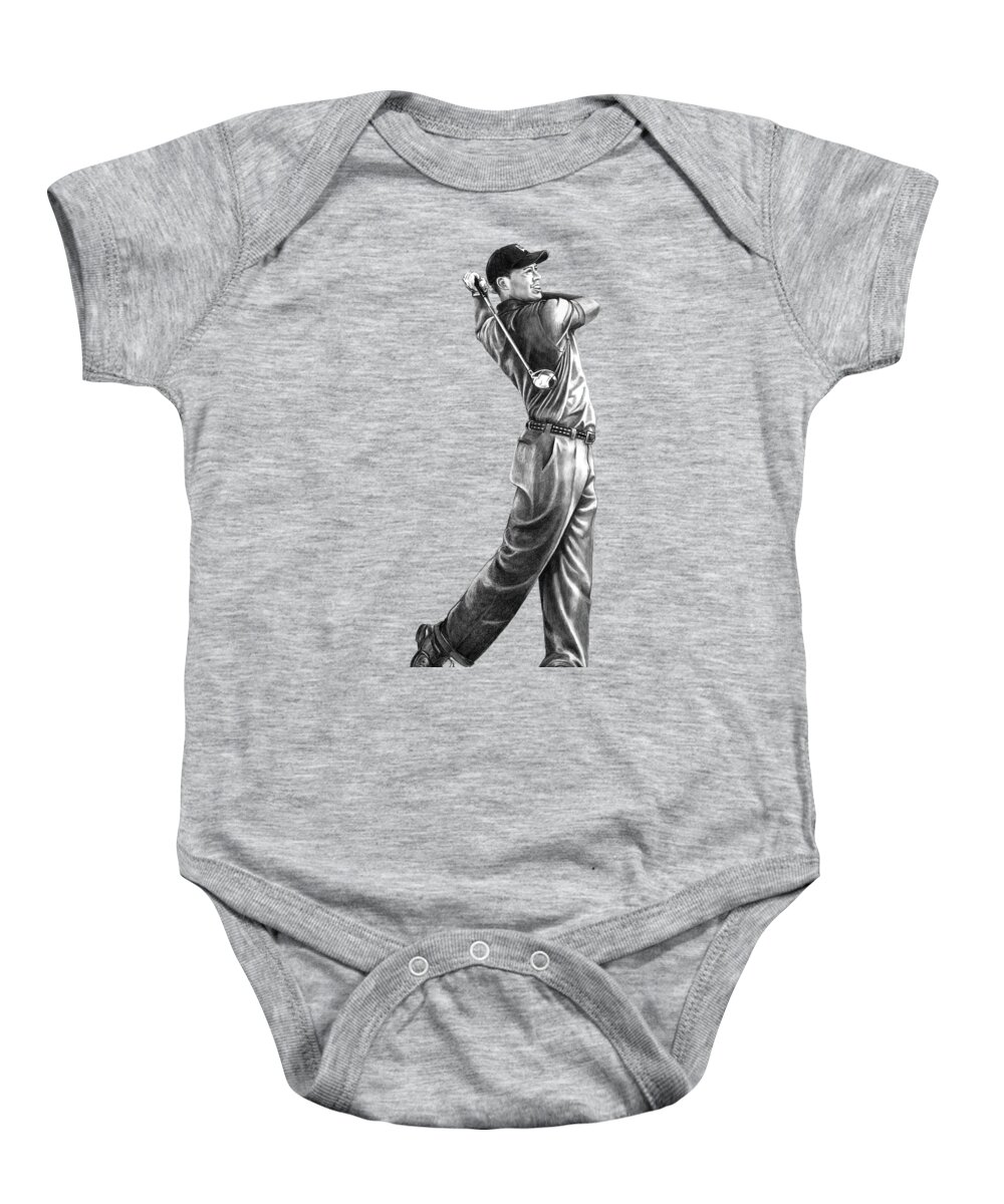 Tiger Woods Baby Onesie featuring the drawing Tiger Woods Full Swing by Murphy Elliott
