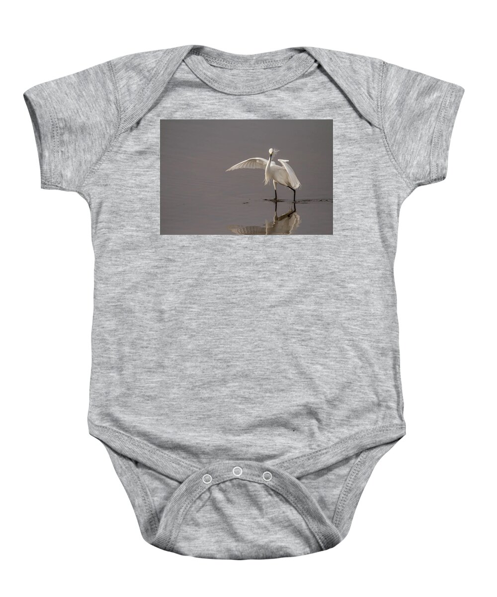 Snowy Egret Baby Onesie featuring the photograph Time to Fish by Dorothy Cunningham