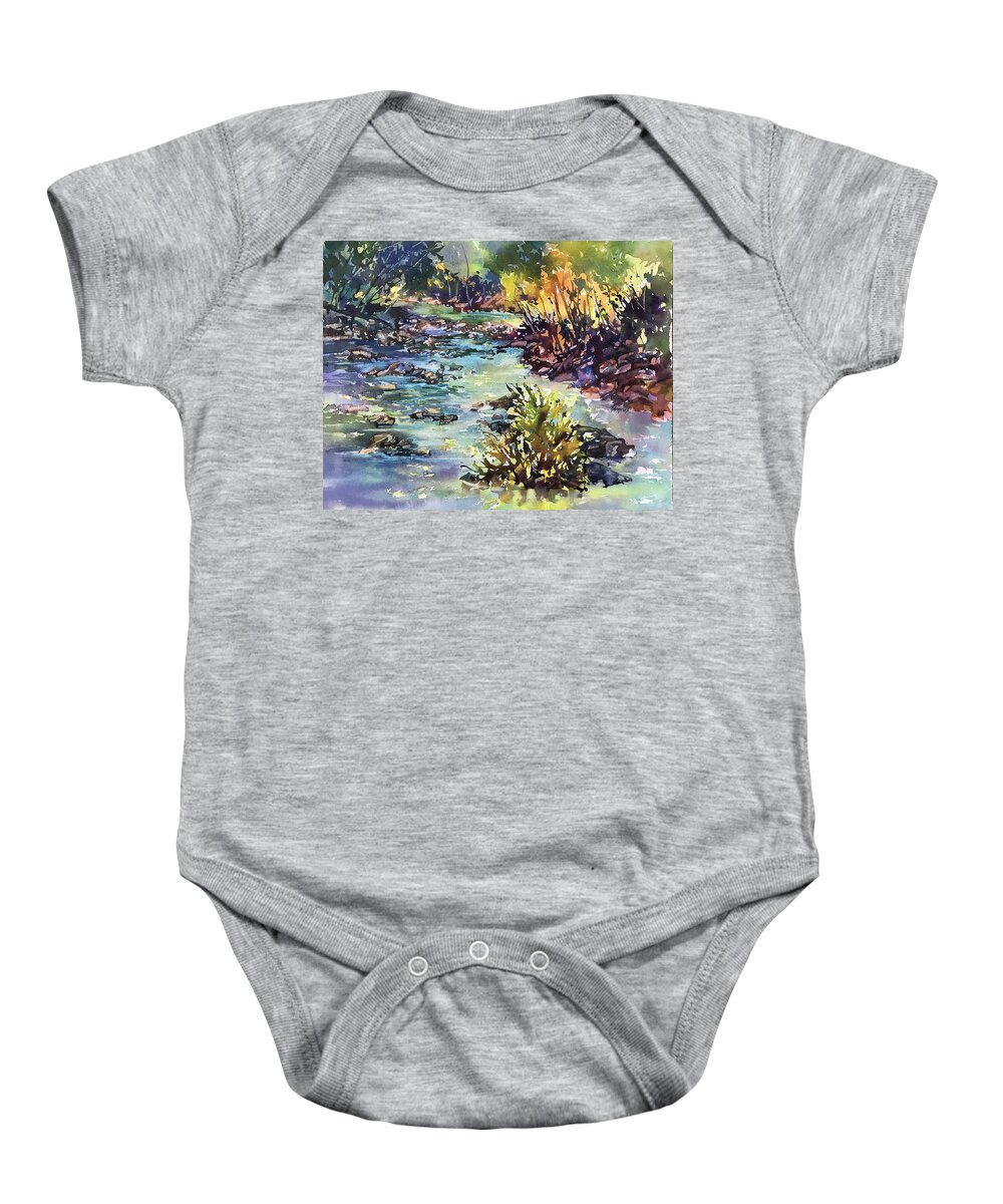 Landscape Baby Onesie featuring the painting To The Voice Of Running Waters by Rae Andrews