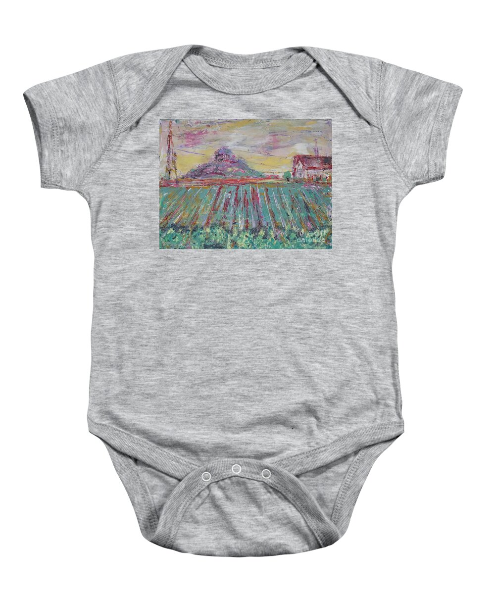 Mountain Baby Onesie featuring the painting Tobacco Farm- view of Pilot Mountain by Patty Donoghue