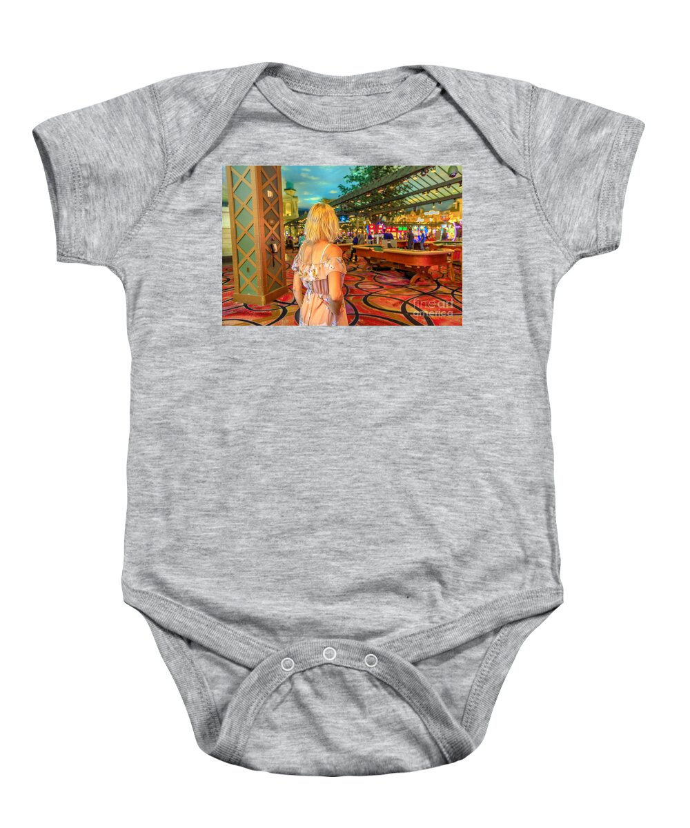 Las Vegas Baby Onesie featuring the photograph Tourist woman in casino by Benny Marty