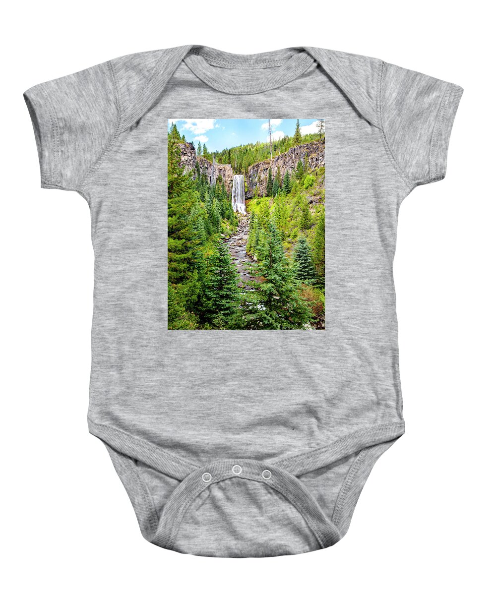 Tumalo Falls Baby Onesie featuring the photograph Tumalo Falls, Art, Pine Trees, Oregon, Bend, Wall Art, Framed Art Prints Landscapes, by David Millenheft