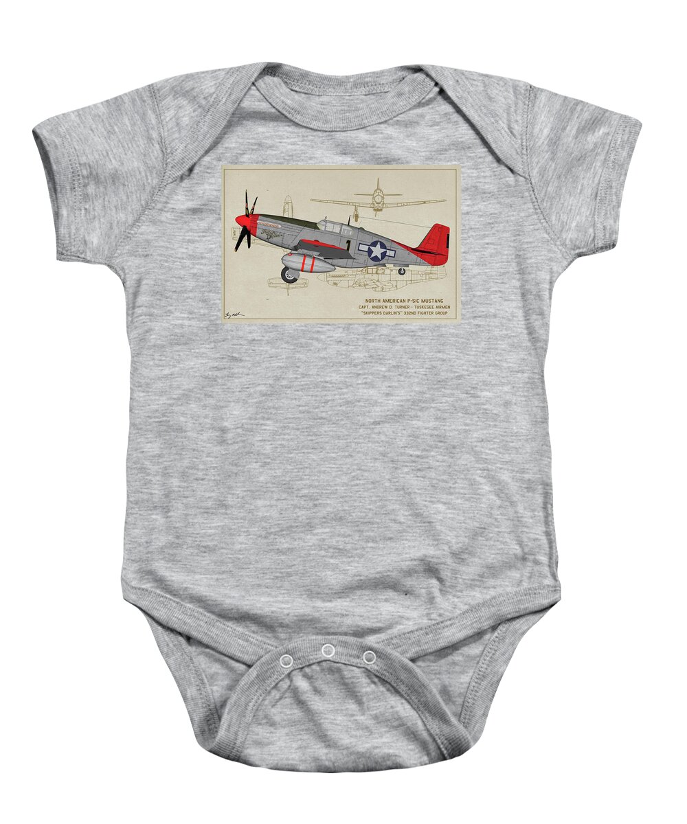 332nd Fighter Group Baby Onesie featuring the digital art Tuskegee P-51C Skippers Darling Profile Art by Tommy Anderson