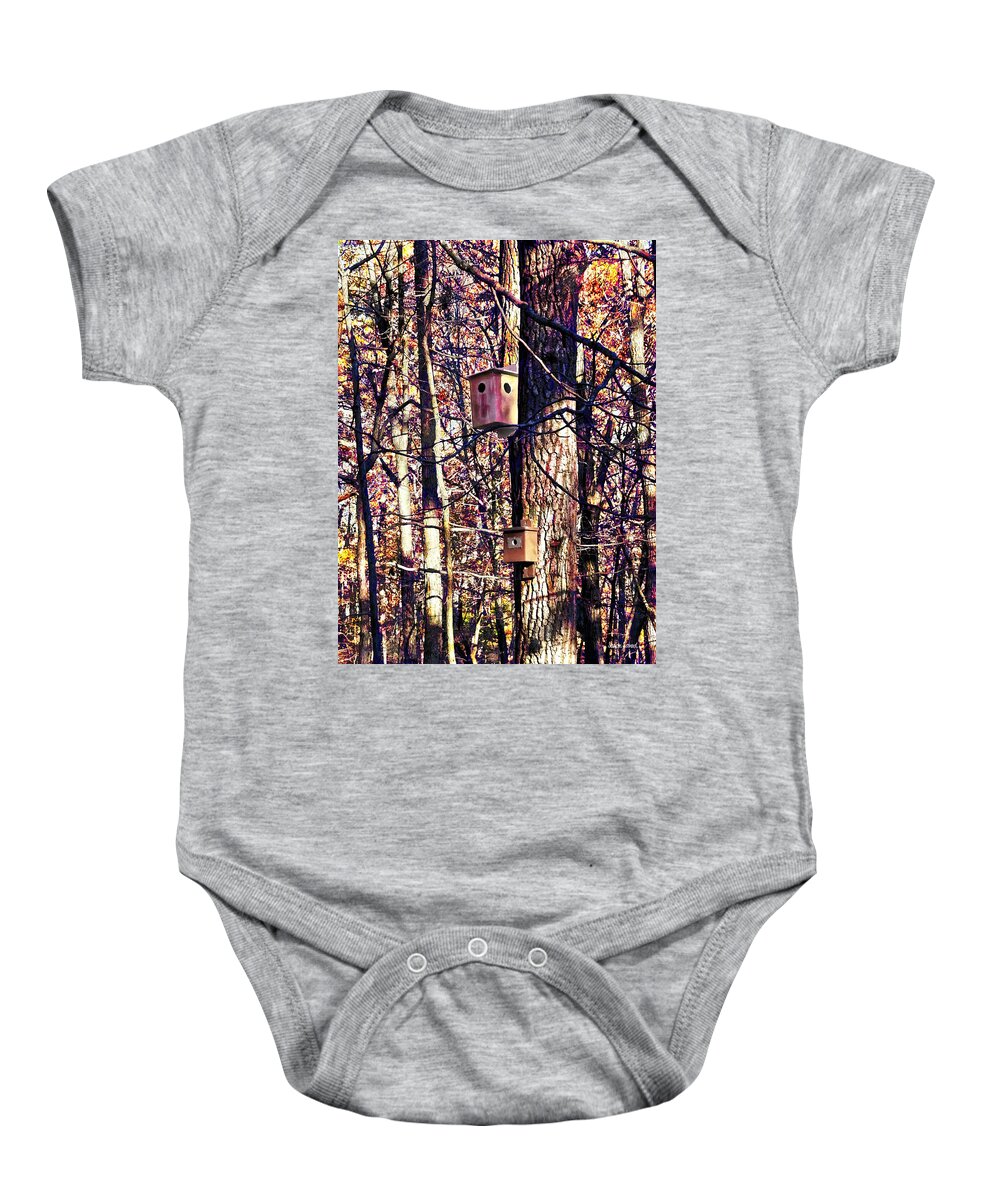 Autumn Baby Onesie featuring the photograph Two Birdhouses in the Autumn Woods by Susan Savad