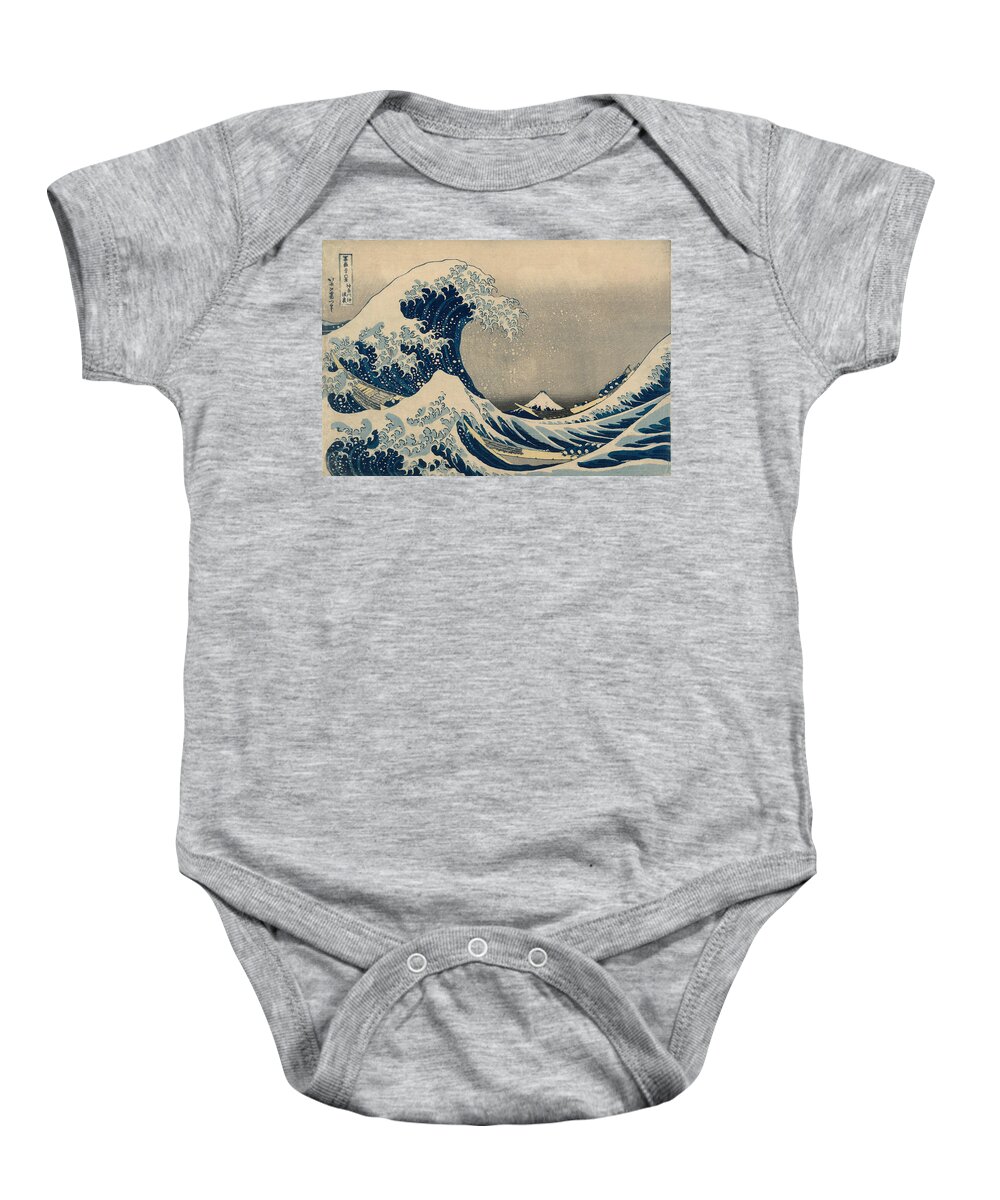 19th Century Art Baby Onesie featuring the relief Under the Wave off Kanagawa, also known as the Great Wave by Katsushika Hokusai