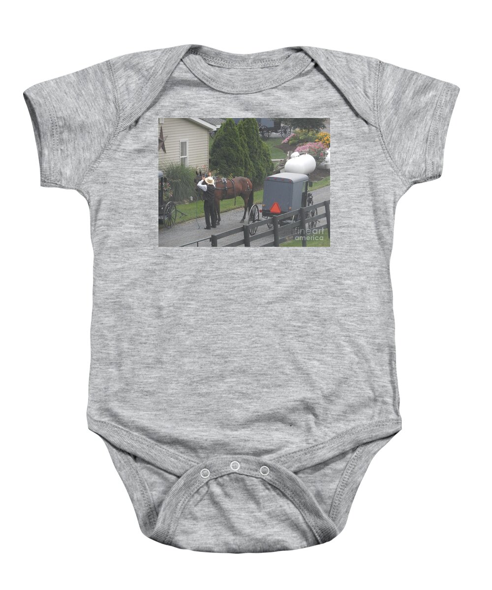 Amish Baby Onesie featuring the photograph Unhitching the Horse on a Sunday by Christine Clark