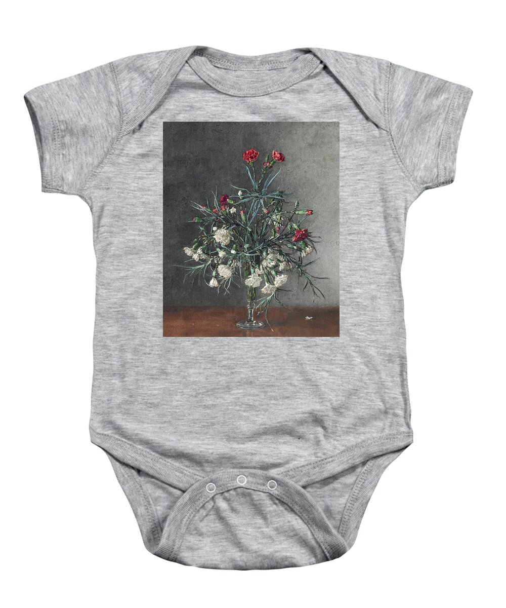 19th Century Art Baby Onesie featuring the drawing Vase of Red and White Carnations by Leon Bonvin