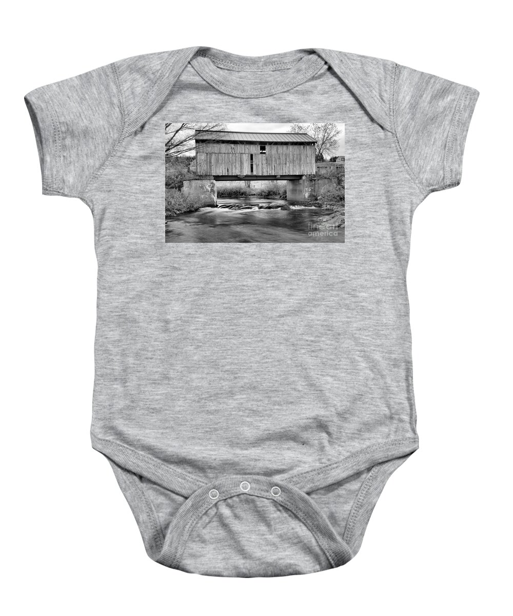 Scribner Covered Bridge Baby Onesie featuring the photograph Vermont Mudgett Covered Bridge Black And White by Adam Jewell
