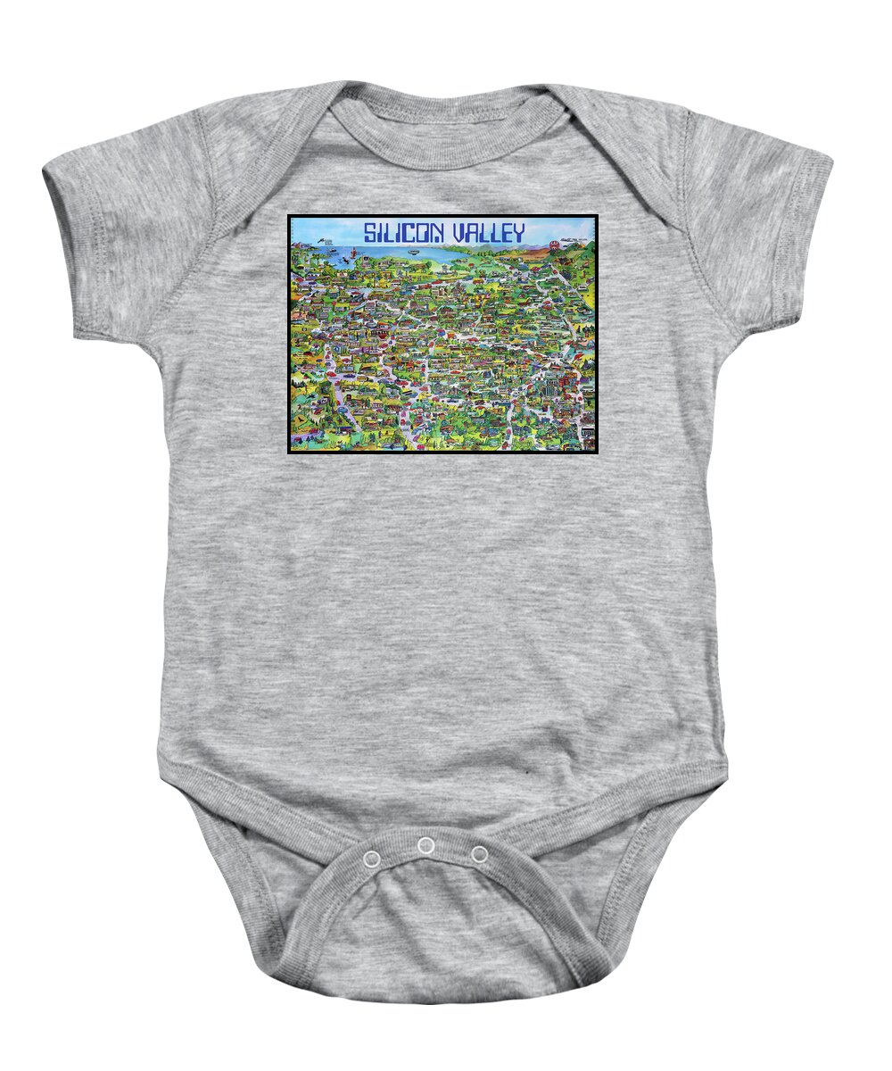 Silicon Valley Baby Onesie featuring the mixed media Vintage 1982 Silicon Valley USA Poster Print, Shows Many Historic Companies and Places by Kathy Anselmo