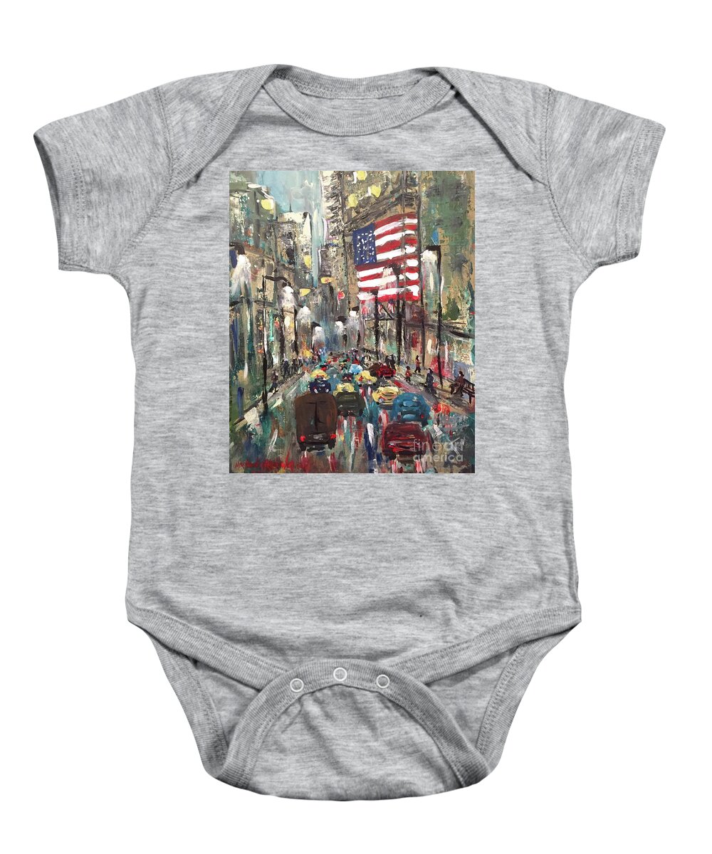 Wall Street New York American Flag Cars Traffic People Lights Buildings Manhattan Money Finance Print Acrylic Painting Blue Red Evening Stores Baby Onesie featuring the painting wall street NY by Miroslaw Chelchowski