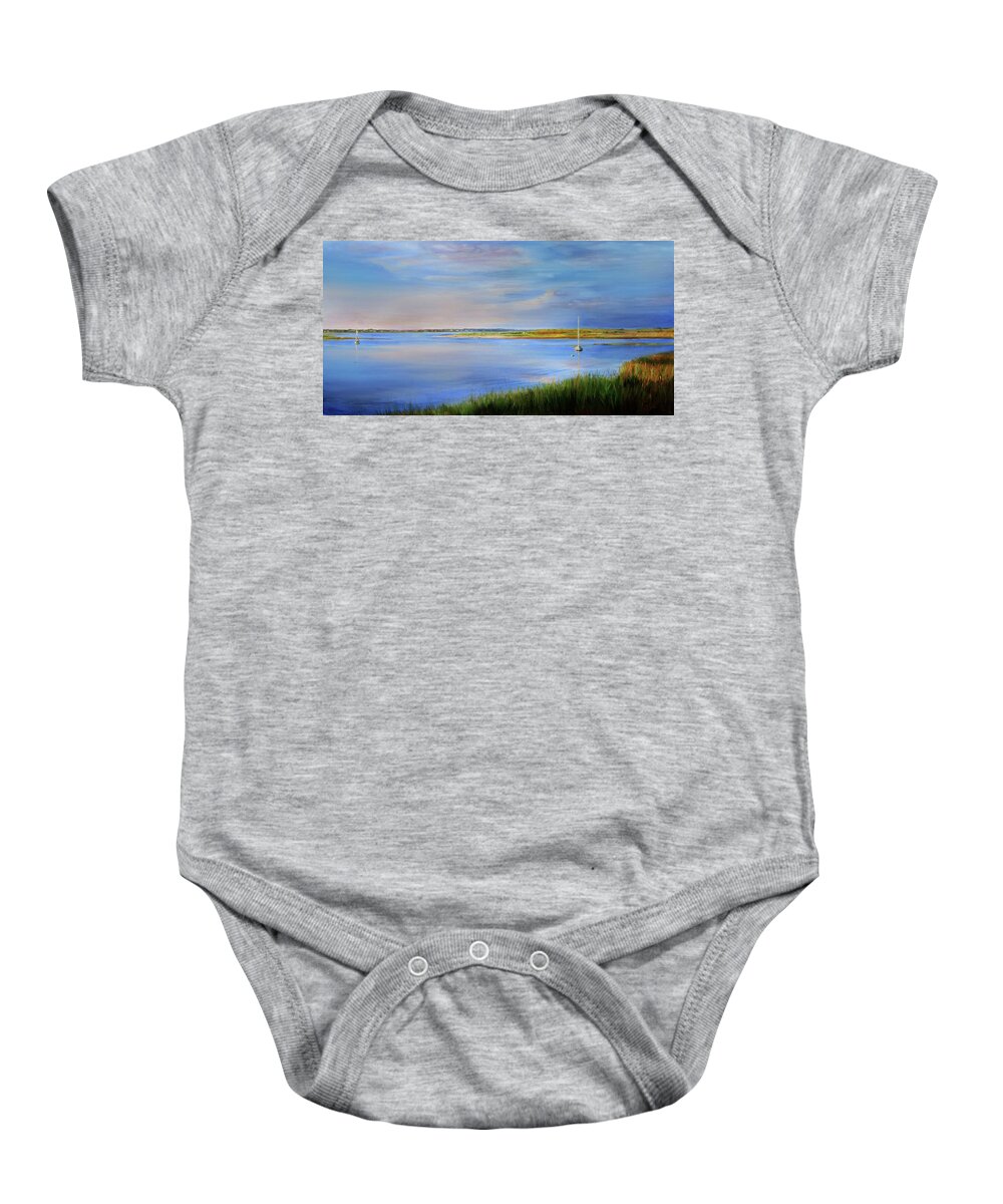 Cape Cod Baby Onesie featuring the painting West Bay Landing, Osterville, late afternoon by Jonathan Gladding
