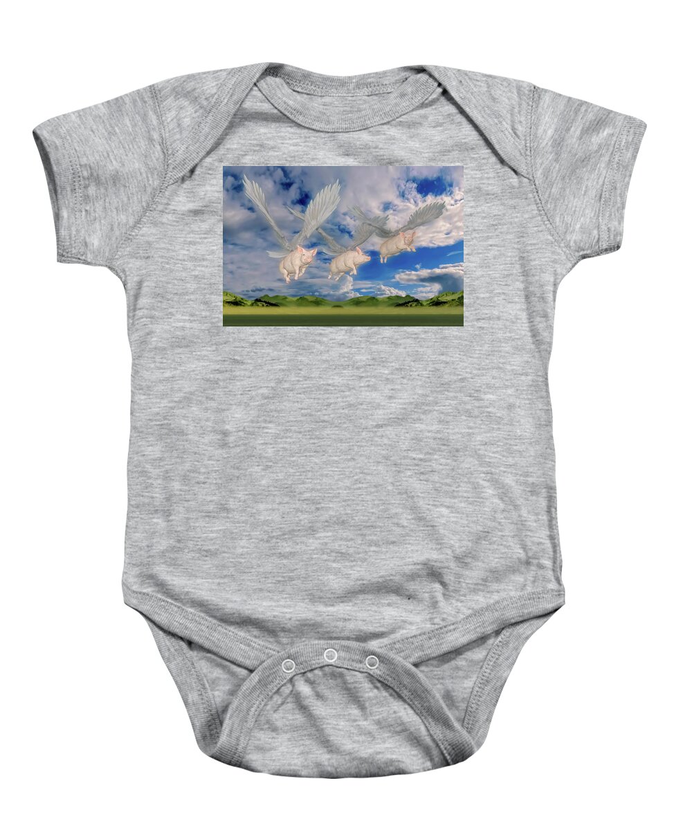 Pig Baby Onesie featuring the digital art When Pigs Fly by Betsy Knapp