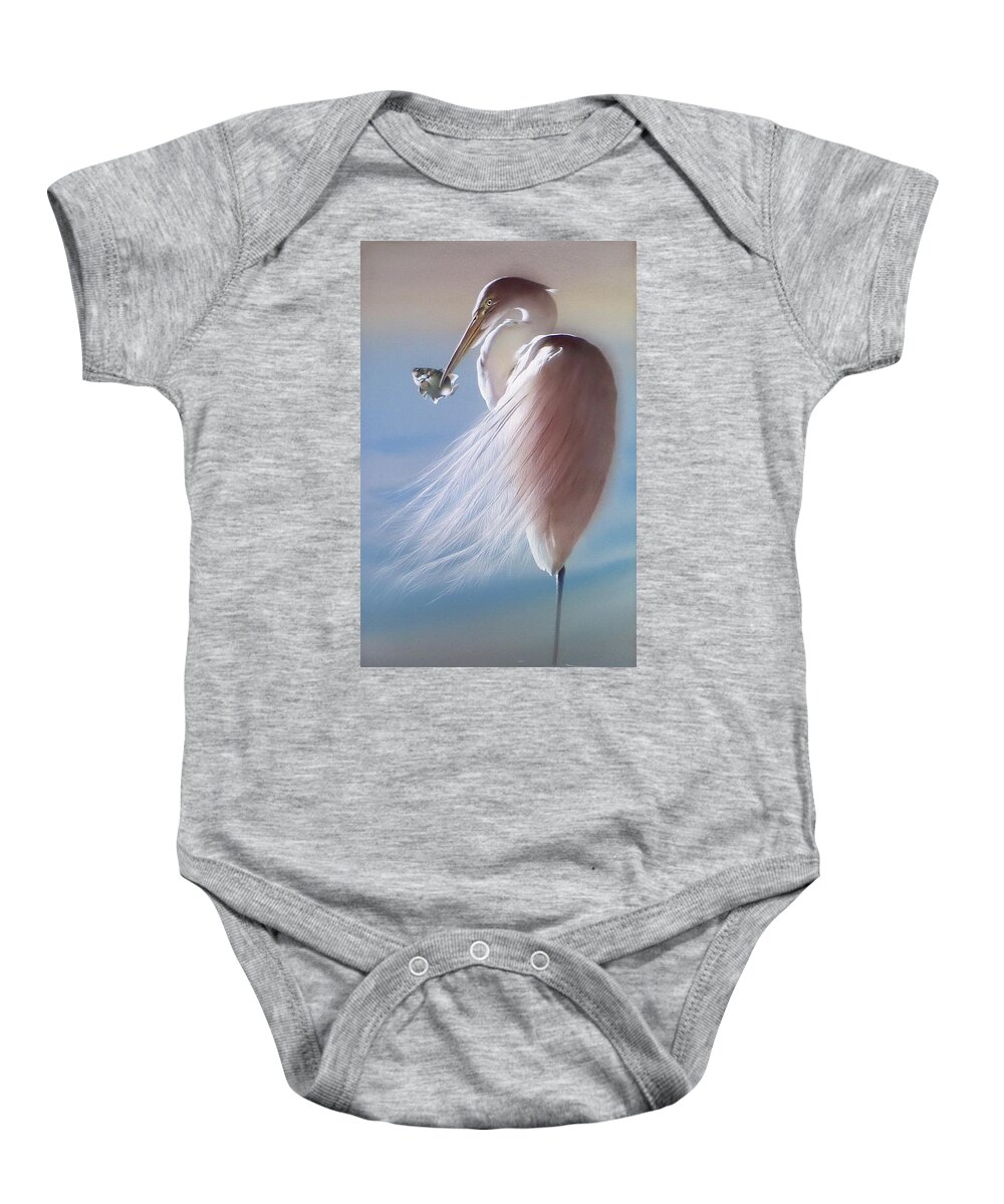 Russian Artists New Wave Baby Onesie featuring the painting White Heron with Fish by Alina Oseeva