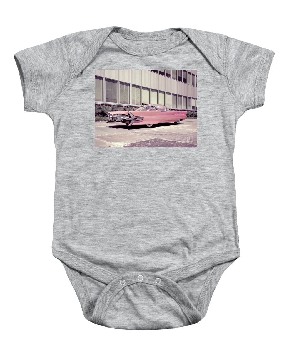 Vintage Baby Onesie featuring the photograph Wild 1950s Jet Age Concept Car In Pink With Glass Roof by Retrographs