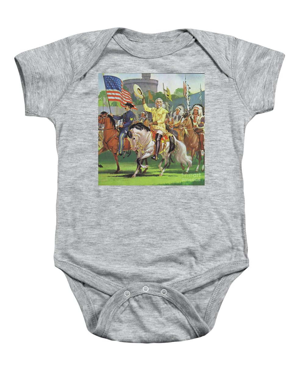 History; America; Historical; Europe; Circus; Show; Wild West; Cowboy; Buffalo Bill; American Native Indians; William Cody; Red Indians; Trips; Horsemanship Baby Onesie featuring the painting William Cody, Buffalo Bill by Angus McBride