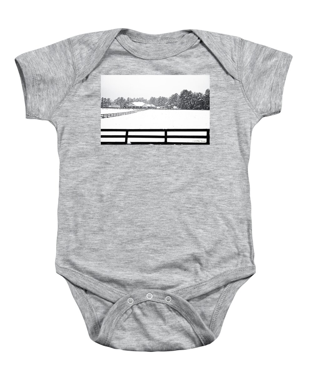 Evergreeen Baby Onesie featuring the photograph Winter Farm by TruImages Photography