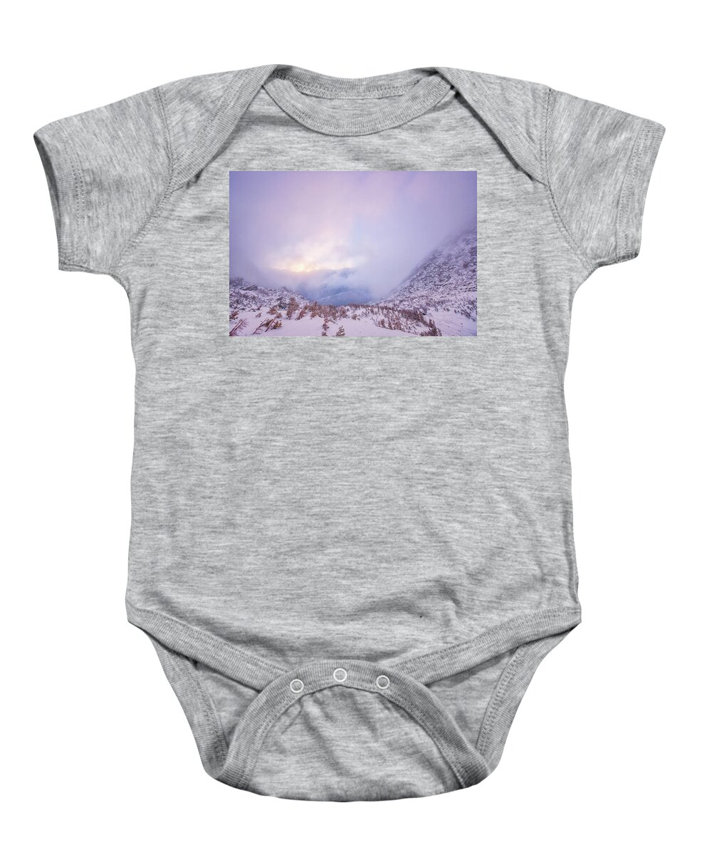Tuckerman Ravine Baby Onesie featuring the photograph Winter Morning Light Tuckerman Ravine by Jeff Sinon