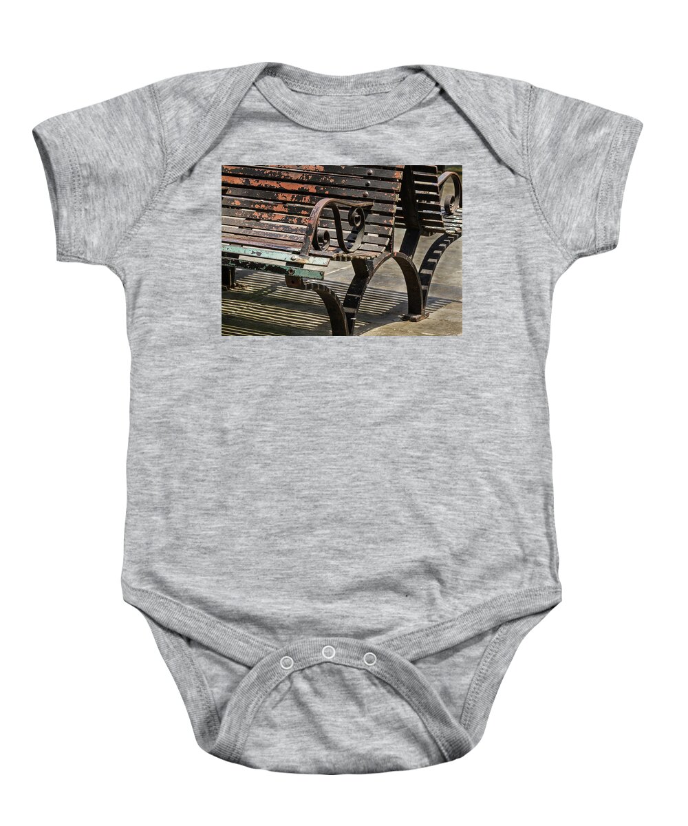Lousianna Baby Onesie featuring the photograph Worn Benches by Jean Noren