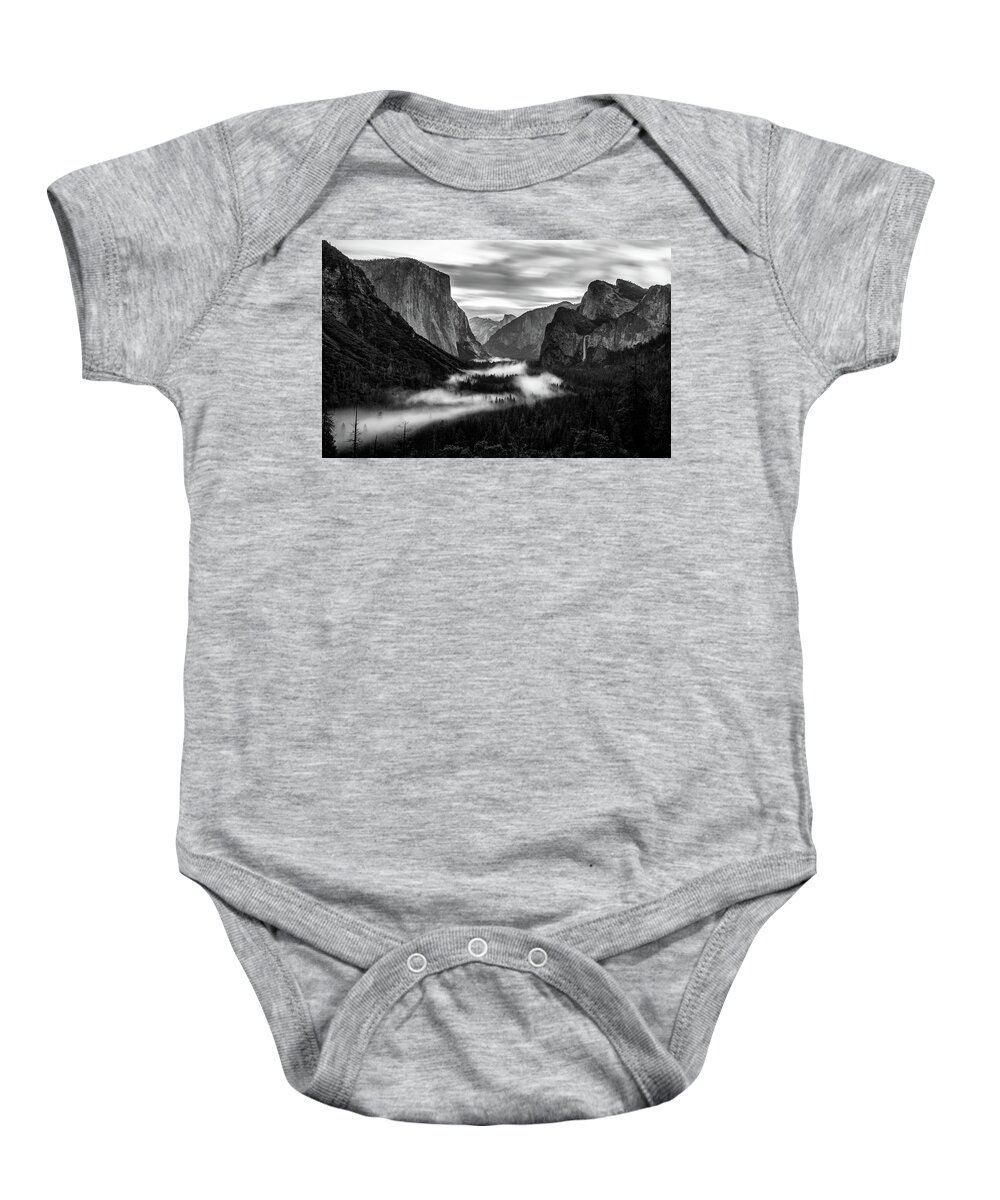 Black And White Baby Onesie featuring the photograph Yosemite fog 1 by Stephen Holst
