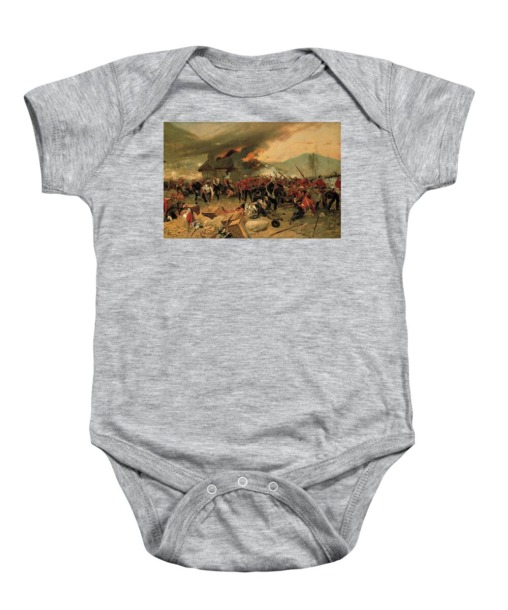 Alphonse De Neuville Baby Onesie featuring the painting ZULU WAR. Defence of Rorke's drift, oil on canvas, 1879. by Alphonse de Neuville -1835-1885-