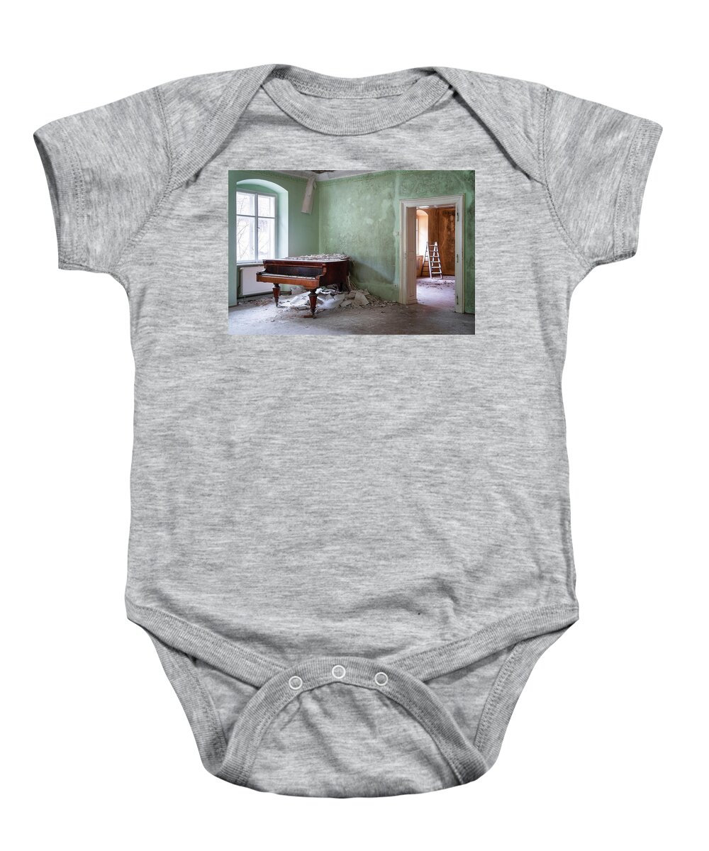 Abandoned Baby Onesie featuring the photograph Abandoned Piano in the Corner #1 by Roman Robroek