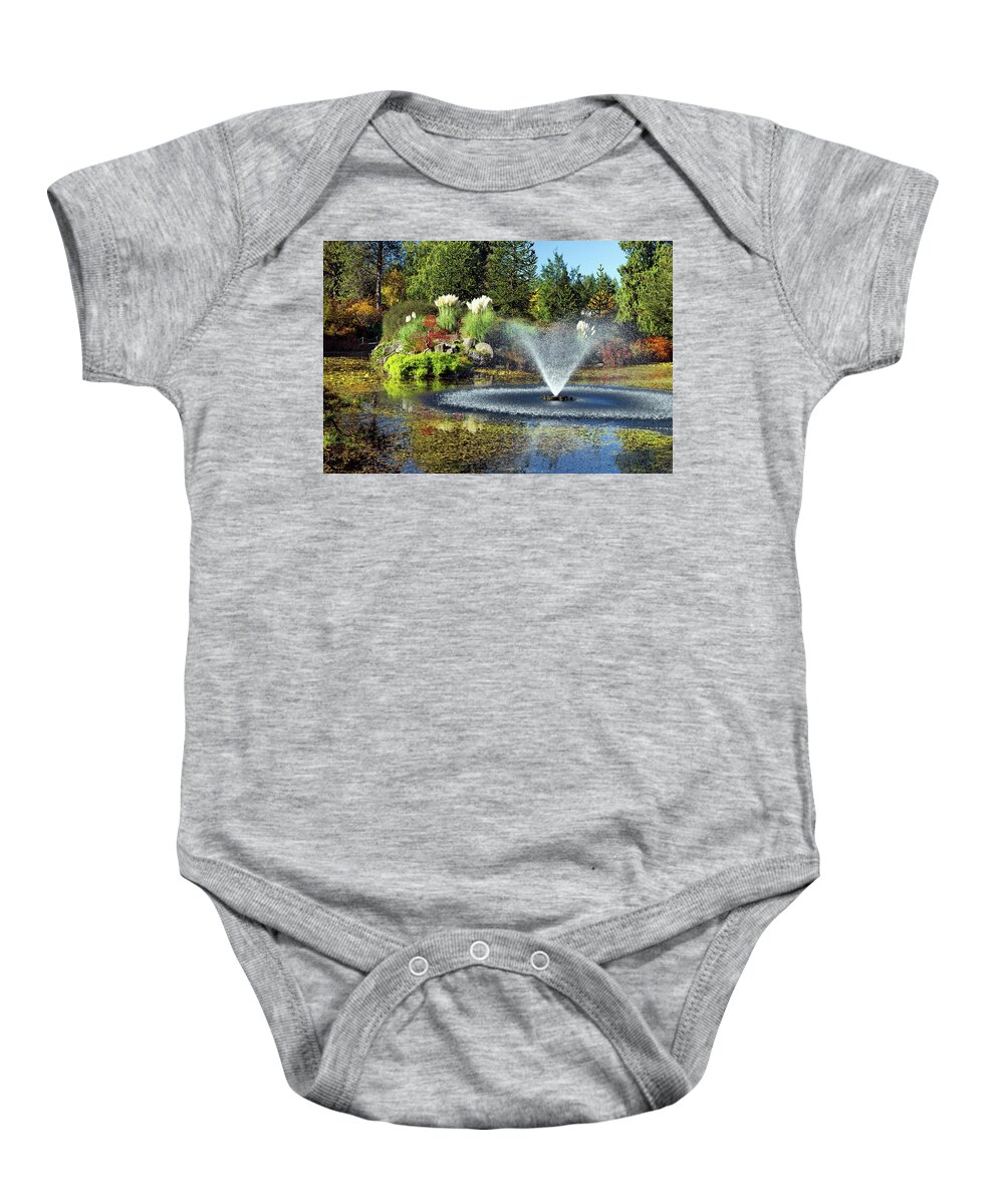 Alex Lyubar Baby Onesie featuring the photograph Beautiful pond with fountain #1 by Alex Lyubar