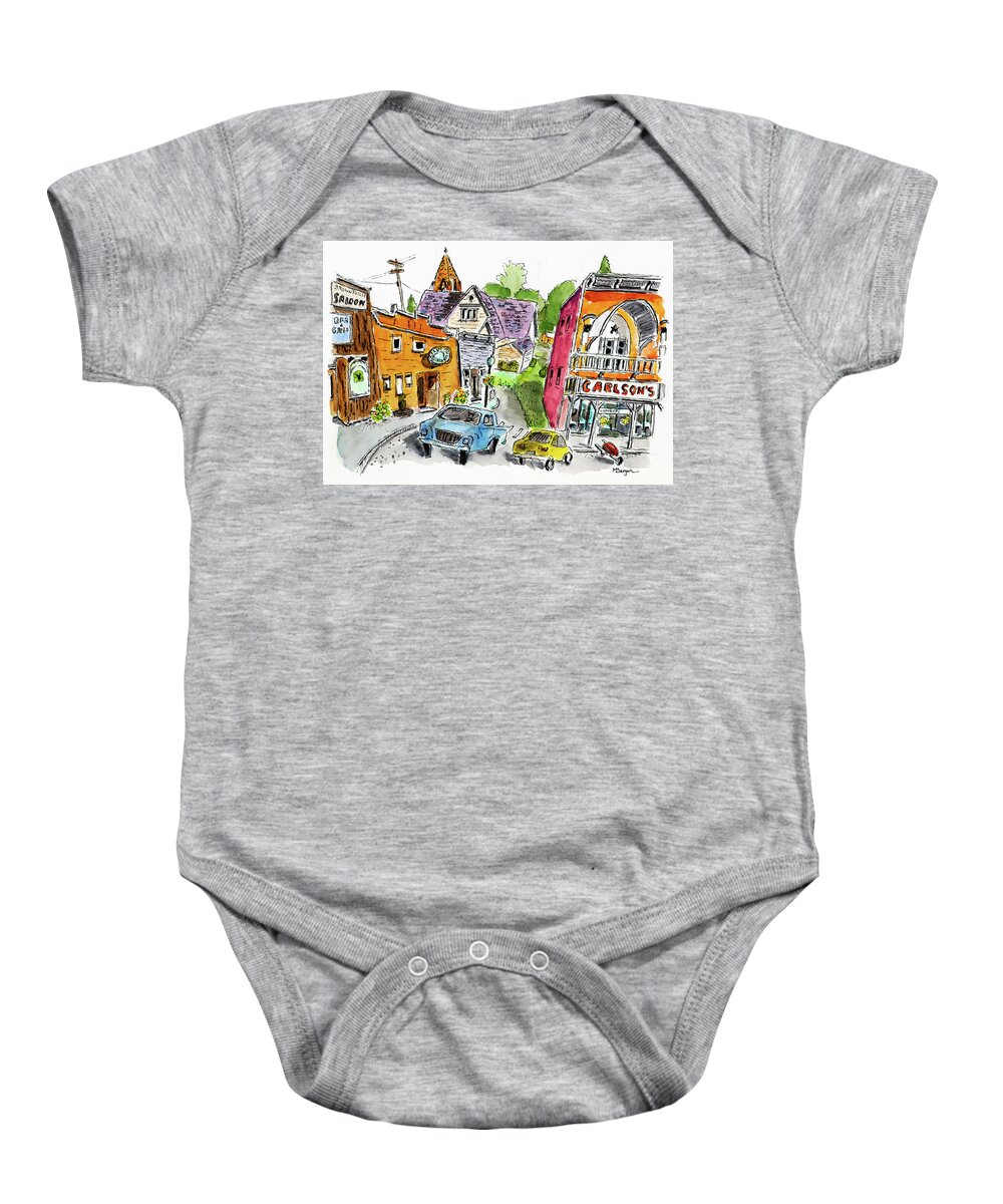 Brownsville Baby Onesie featuring the drawing Brownsville, OR by Mike Bergen