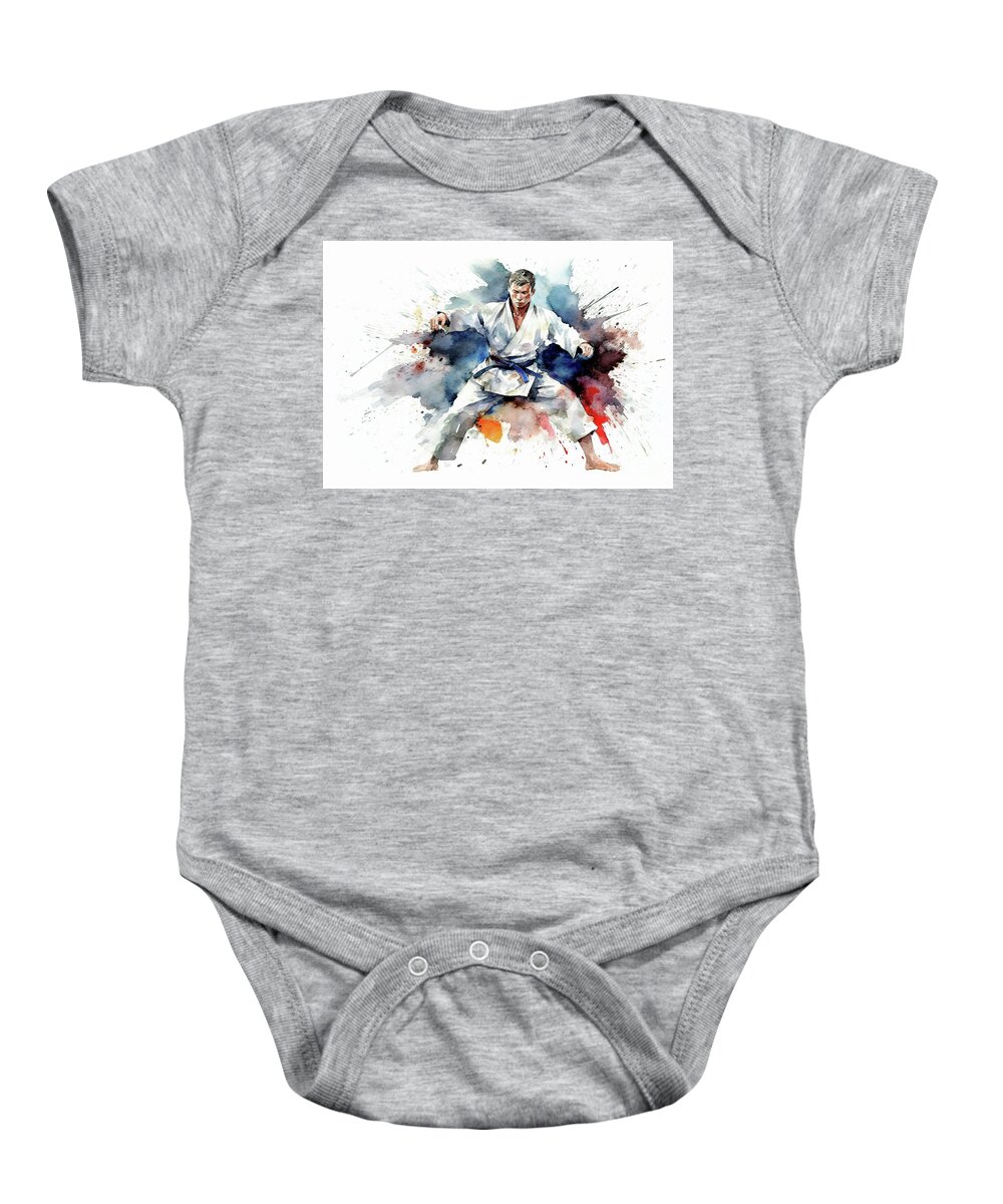 Karate Baby Onesie featuring the digital art Colorful paint splashes during martial artist action. #1 by Odon Czintos