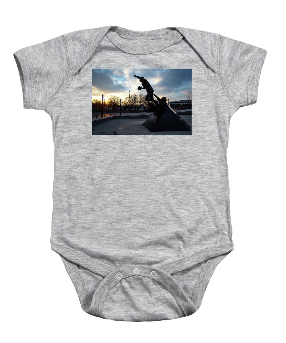 Msu Spartans Baby Onesie featuring the photograph Earvin Magic Johnson statue at sunset at Michigan State University #1 by Eldon McGraw