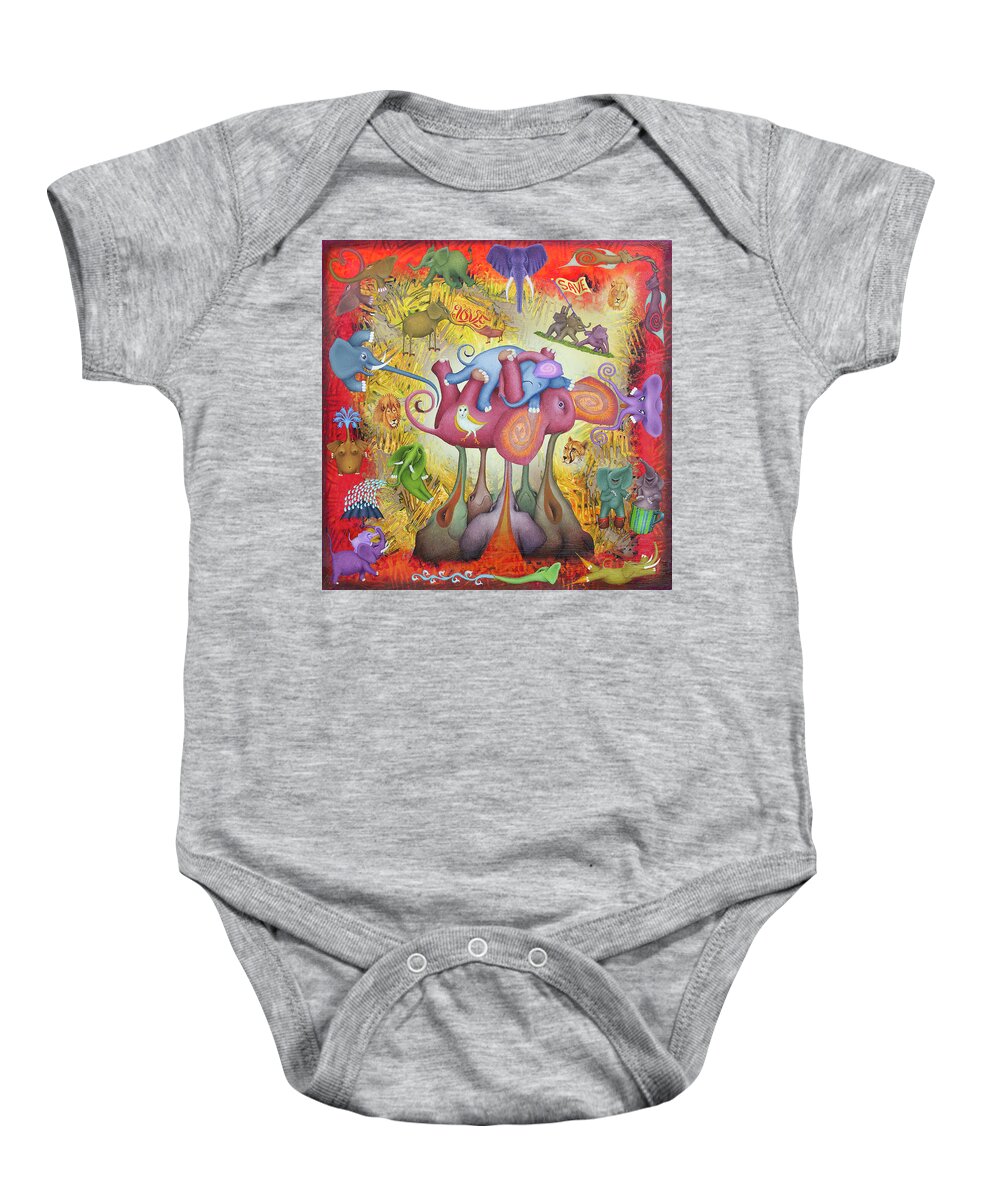 Elephant Saveelephants Save-elephants Visionary Surreal Surrealistic Prints Baby Onesie featuring the painting Elephants Forever #1 by Hone Williams