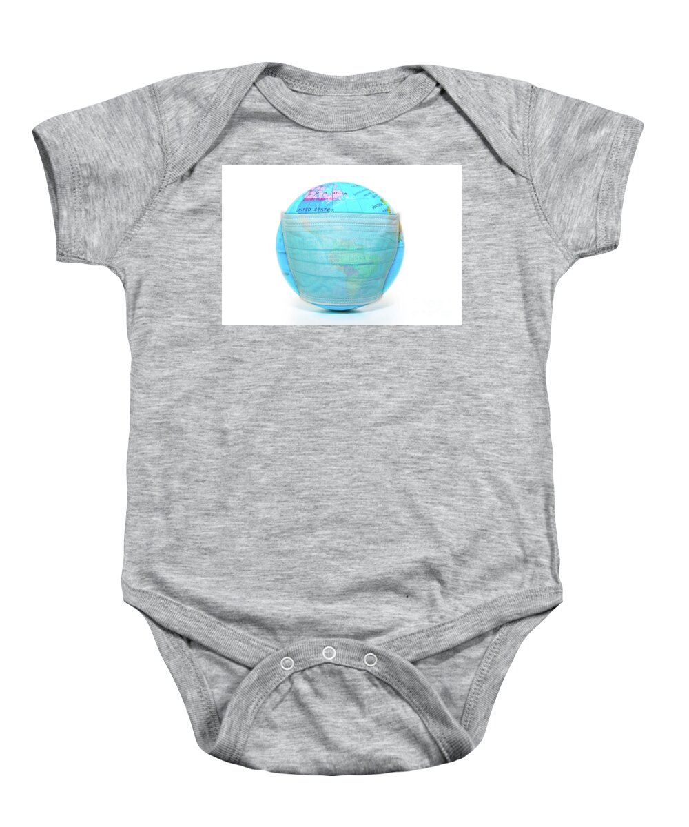 Coronavirus Baby Onesie featuring the photograph Face Mask On Sick World Globe #1 by Benny Marty