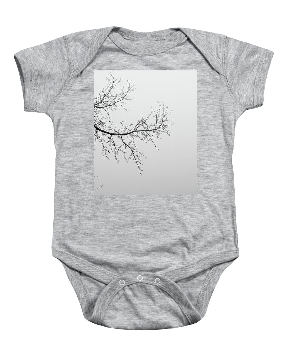 Black Baby Onesie featuring the photograph Foggy Morning In The Forest In Monotone #1 by Alex Grichenko