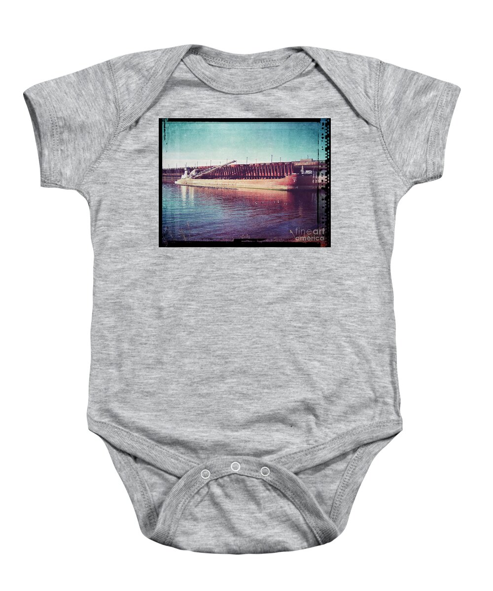 Railroad Baby Onesie featuring the digital art Great Lakes Freighter by Phil Perkins