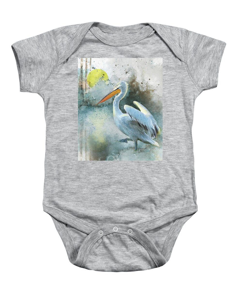 Pelican Baby Onesie featuring the painting Morning Pelican #1 by Jeanette Mahoney