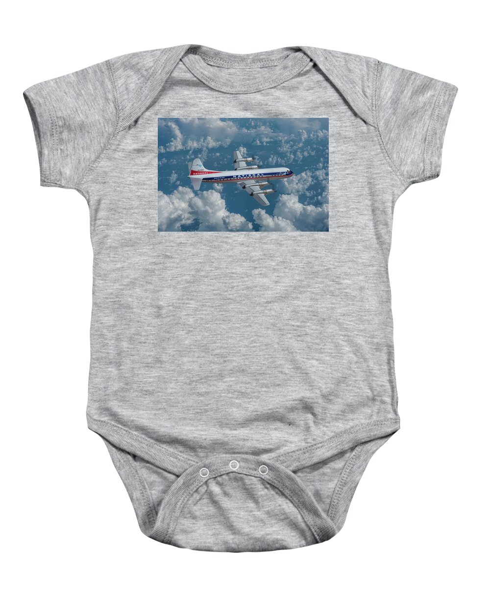 National Airlines Baby Onesie featuring the digital art National Airlines Lockheed Electra by Erik Simonsen