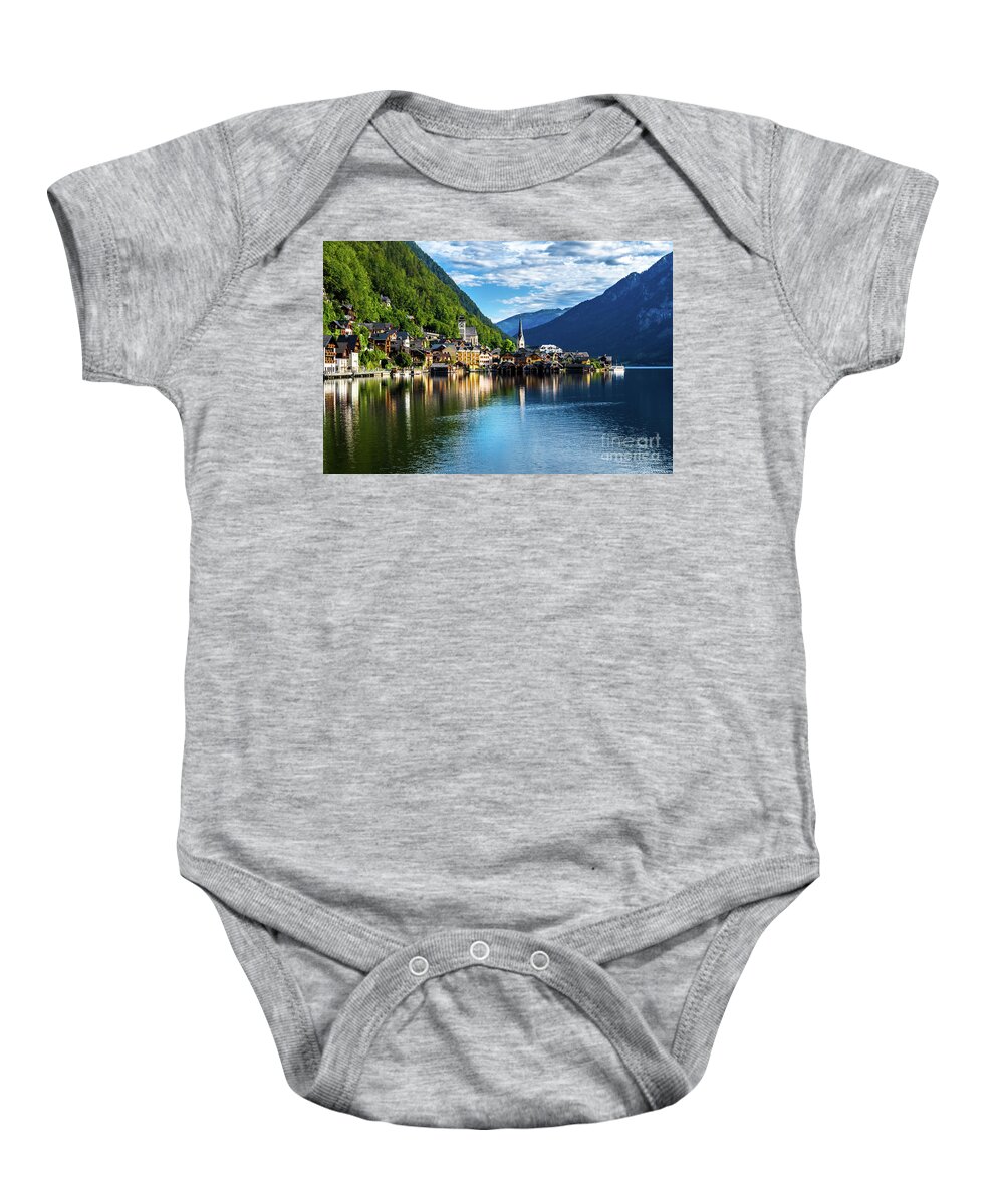 Austria Baby Onesie featuring the photograph Picturesque Lakeside Town Hallstatt At Lake Hallstaetter See In Austria by Andreas Berthold