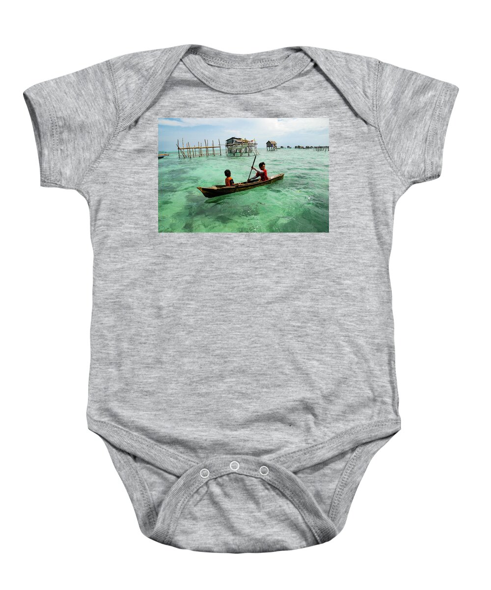 Sea Baby Onesie featuring the photograph Neptune's Children - Sea Gypsy Village, Sabah. Malaysian Borneo by Earth And Spirit