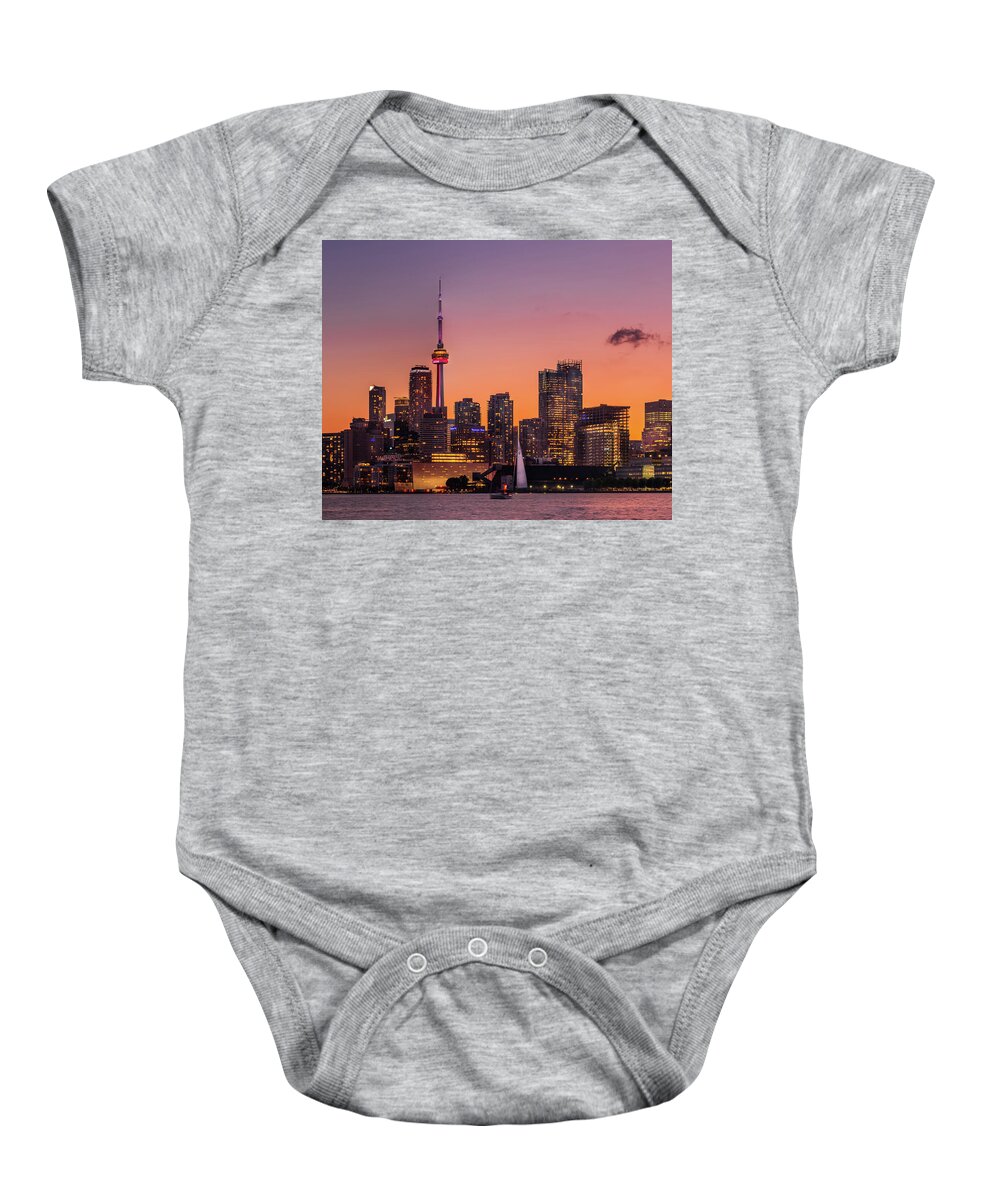 Polson Pier Baby Onesie featuring the photograph Toronto Harbour Sunset #2 by Dee Potter