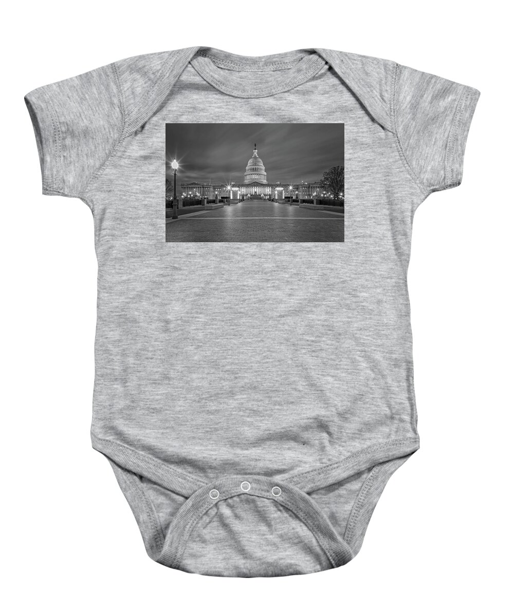 Us Capitol Baby Onesie featuring the photograph US Capitol Building bw #1 by Susan Candelario