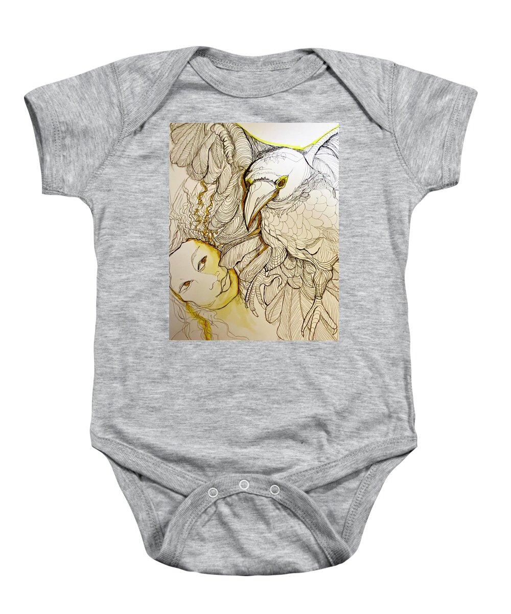 Woman Baby Onesie featuring the drawing Woman, with Bird #1 by Rosalinde Reece